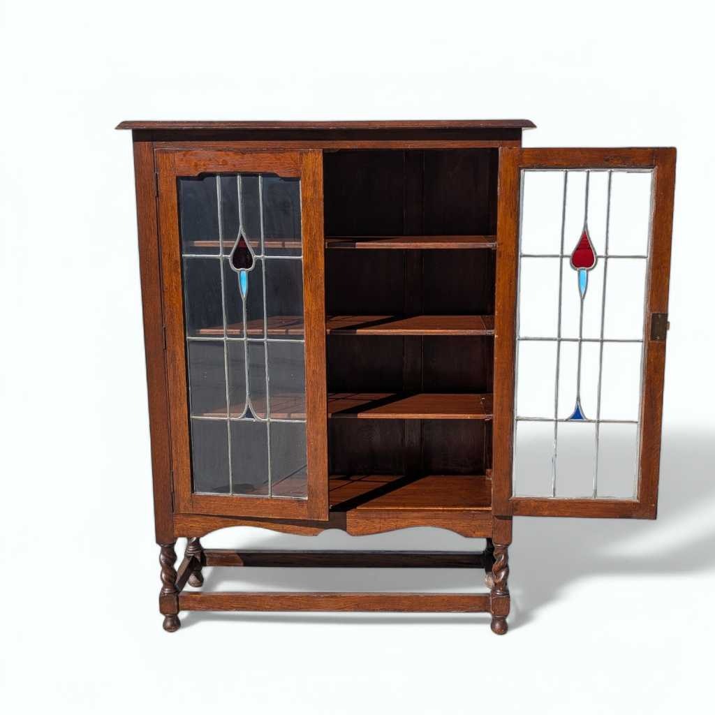 Antique Oak Cabinet with Stained Glass Doors – Leaded Glass Hutch with Shelving & Barley Twist Legs