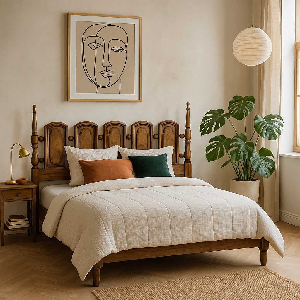 Vintage Oak King Headboard – Carved Panel Design with Turned Spindles