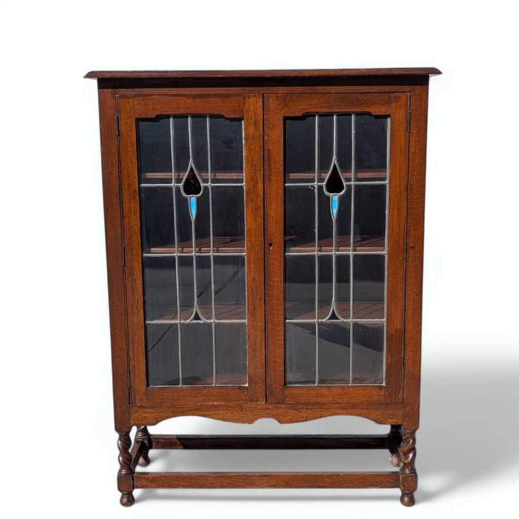 Antique Oak Cabinet with Stained Glass Doors – Leaded Glass Hutch with Shelving & Barley Twist Legs