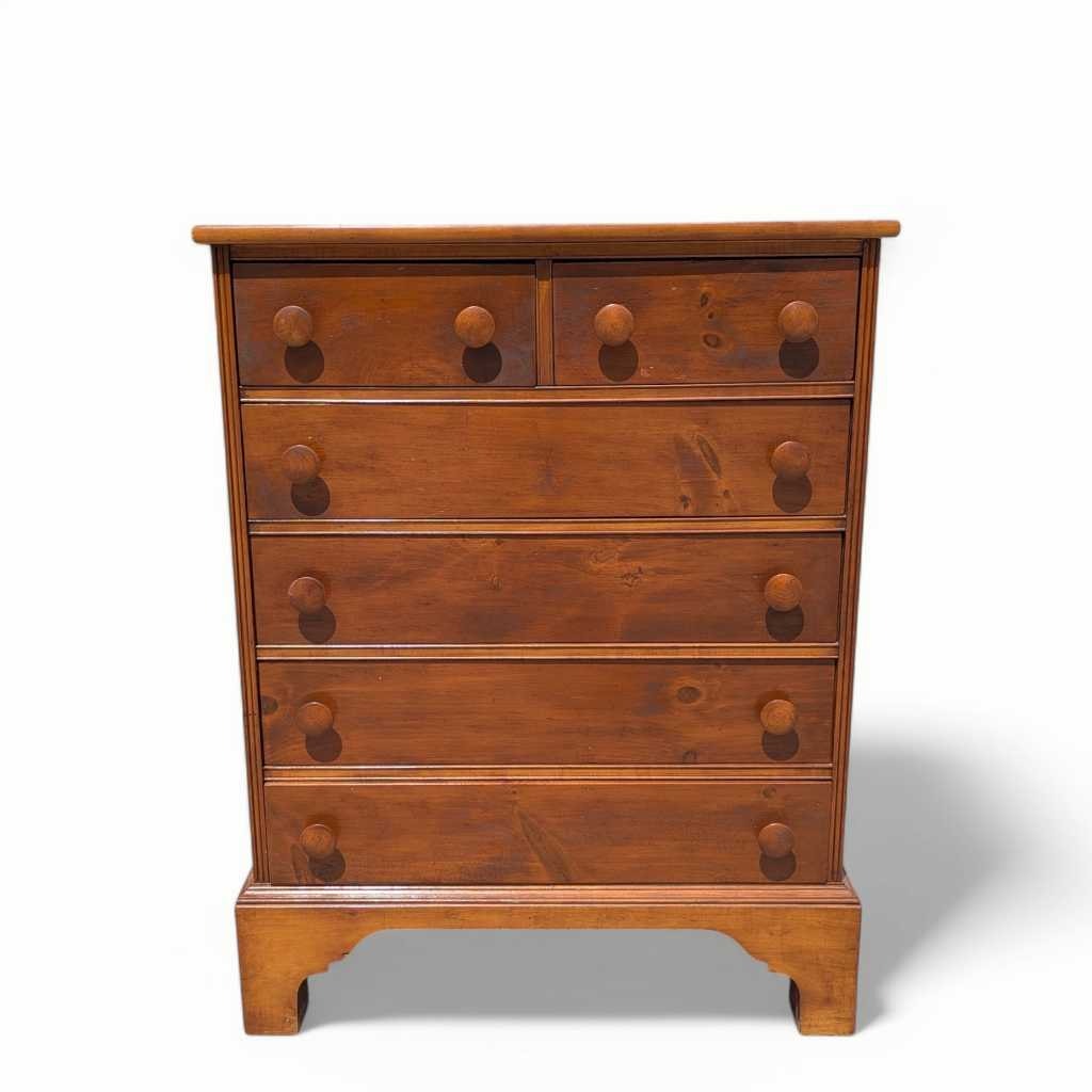 Vintage Pine Dresser, 6-Drawer Chest with Oversized Knobs, Farmhouse Bracket Base, Wood Tallboy