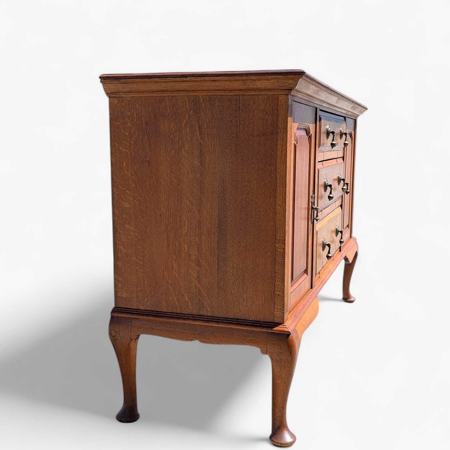 Vintage Oak Sideboard Buffet with Queen Anne Legs, 3 Drawers + Cabinet Storage, Traditional English Style Credenza, 61.75” Wide