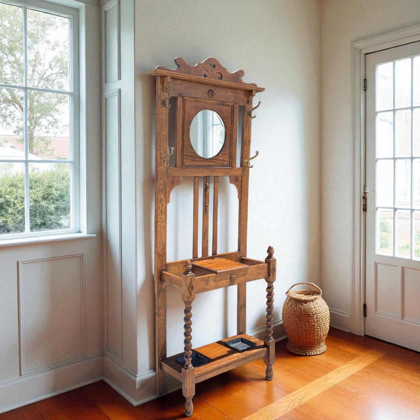Antique Oak Hall Tree with Mirror, c. 1900s