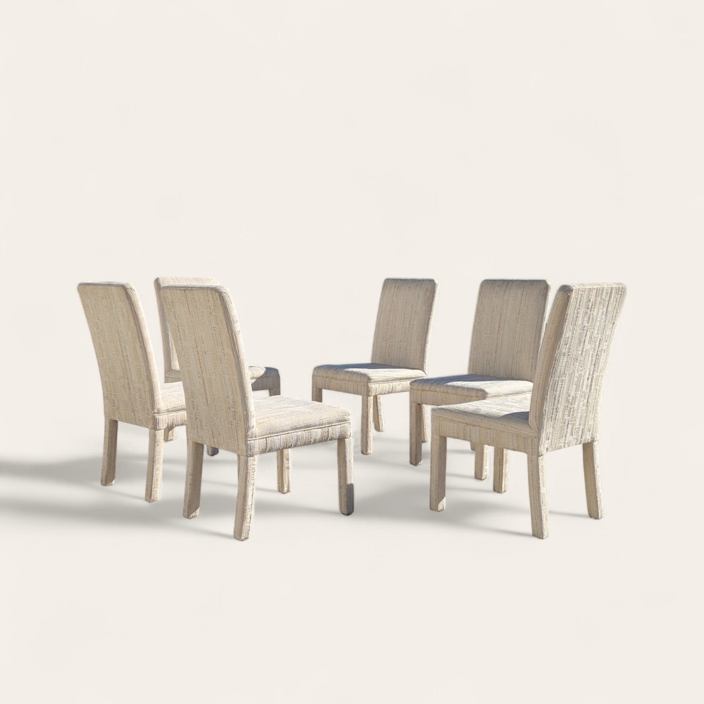 Set of 6 Postmodern 1980s Dining Chairs – Cream Textured Fabric w/ Subtle Color Flecks, Sculptural Silhouette