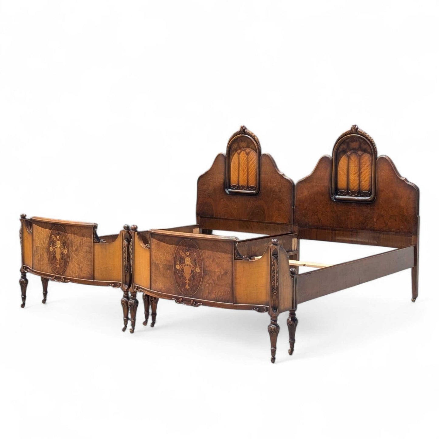 Antique Twin Bed Frame with Inlay | French Style Carved Wood Bed | Twin Size Vintage Bed | Ornate Floral Detail | 1920s Bedroom Decor