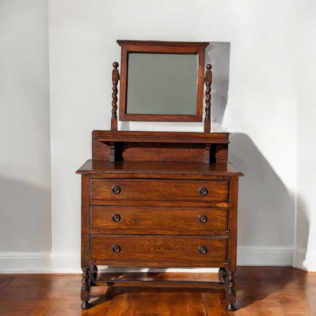 Antique Tiger Oak Dresser with Mirror – Barley Twist Detail, Vintage Vanity with Drawers, Early 1900s