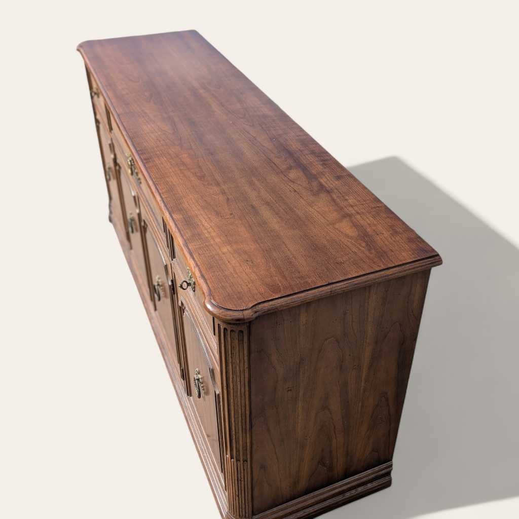 Henredon 1970s Credenza – Traditional Walnut Sideboard with Brass Pulls & Adjustable Shelving, 66” Vintage Cabinet