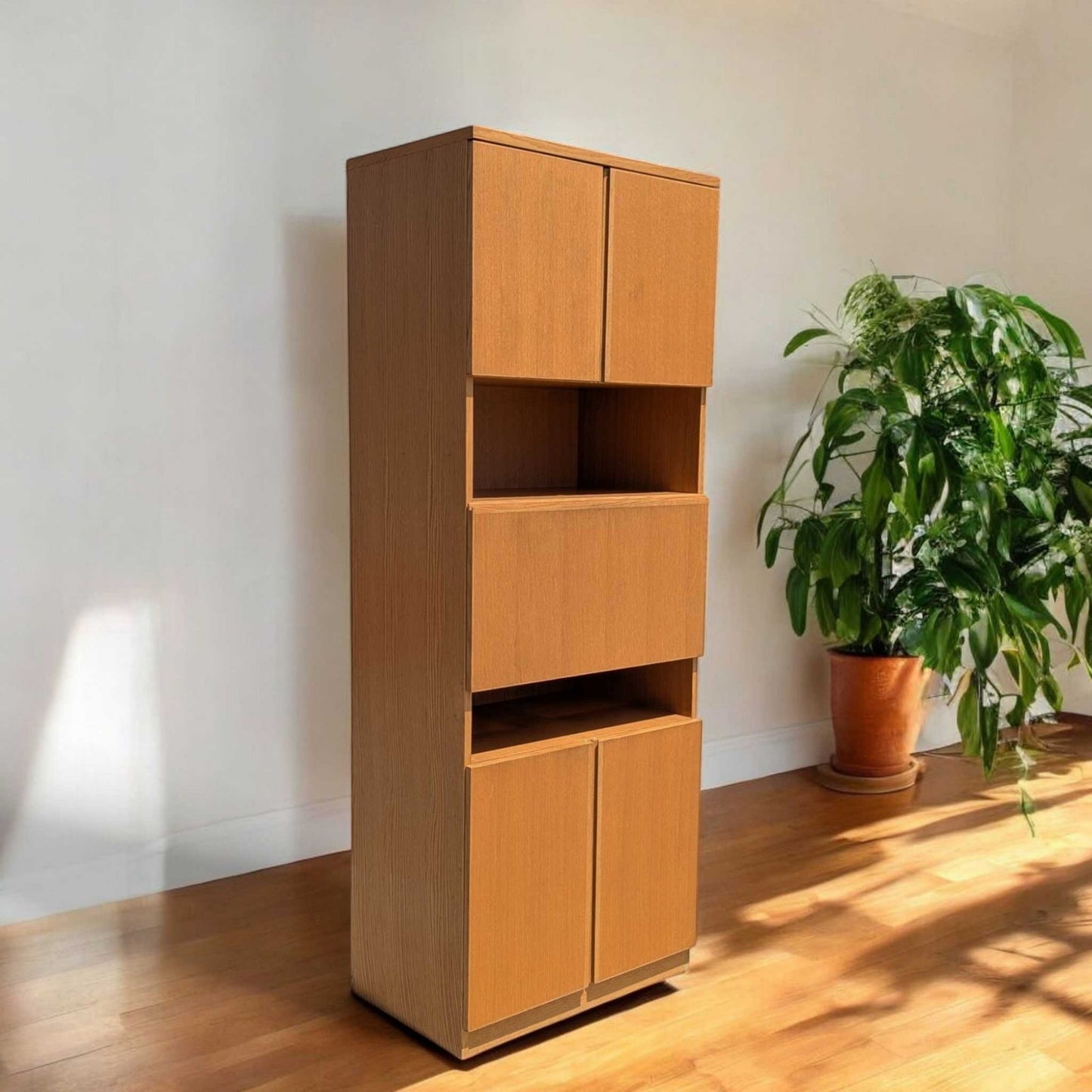 Vintage Bauhaus Tall Bar Cabinet – Drop Front w/ Mirror, Modern Storage Tower, 84" High, Made in Canada, MCM Style
