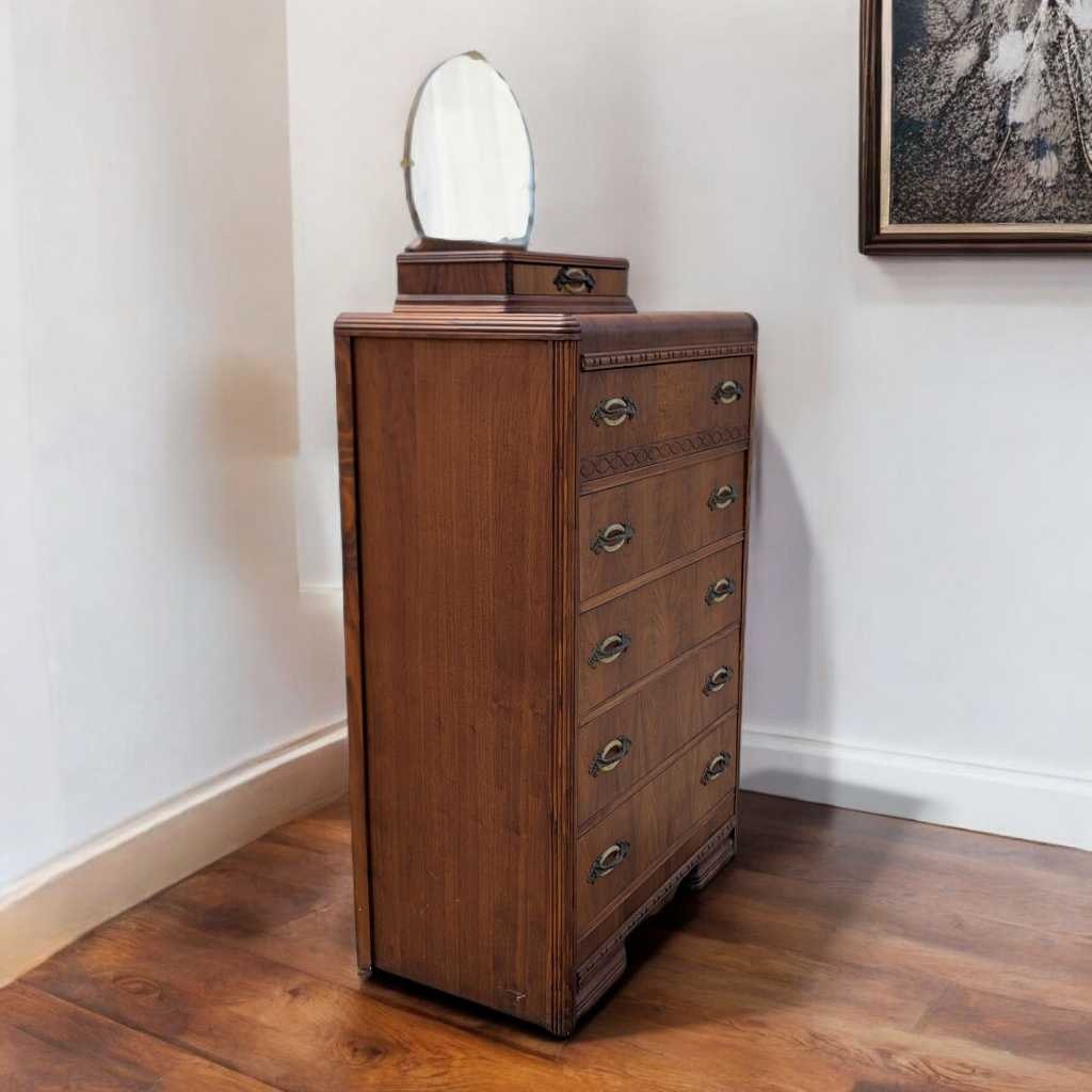 Art Deco Waterfall Chest of Drawers β Vintage 1930s Dresser, Tallboy, Mirror, Solid Wood Storage