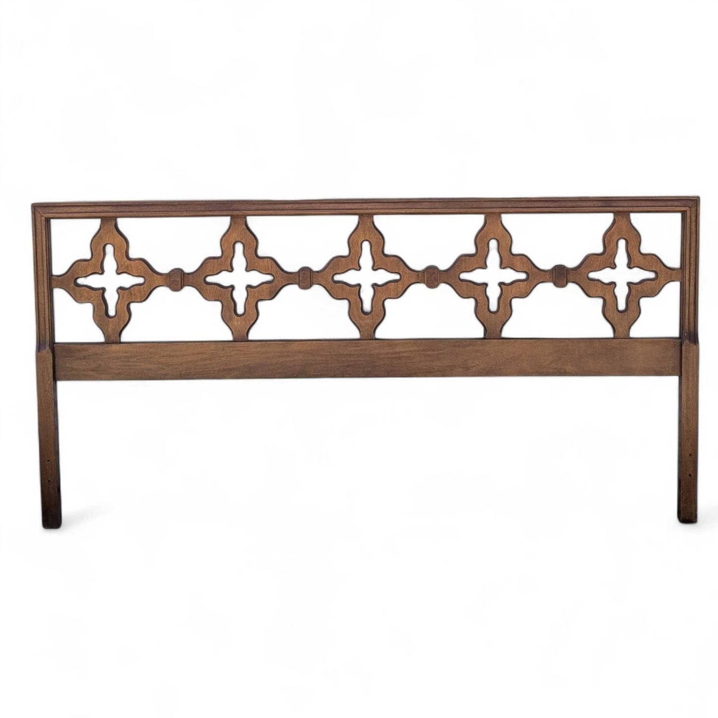 Mid Century Walnut Queen Headboard with Cutout Clover Motif, Vintage Solid Wood Bed