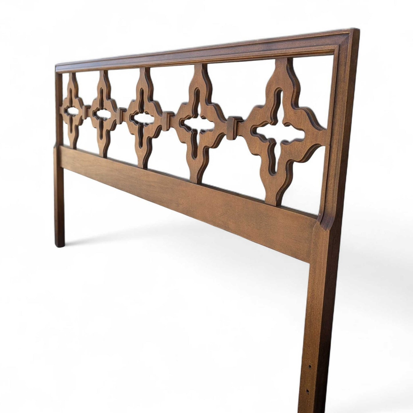 Mid Century Walnut Queen Headboard with Cutout Clover Motif, Vintage Solid Wood Bed
