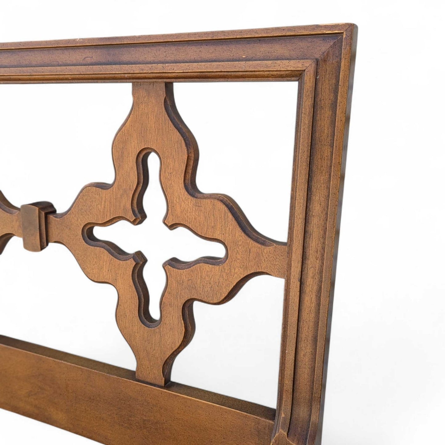 Mid Century Walnut Queen Headboard with Cutout Clover Motif, Vintage Solid Wood Bed