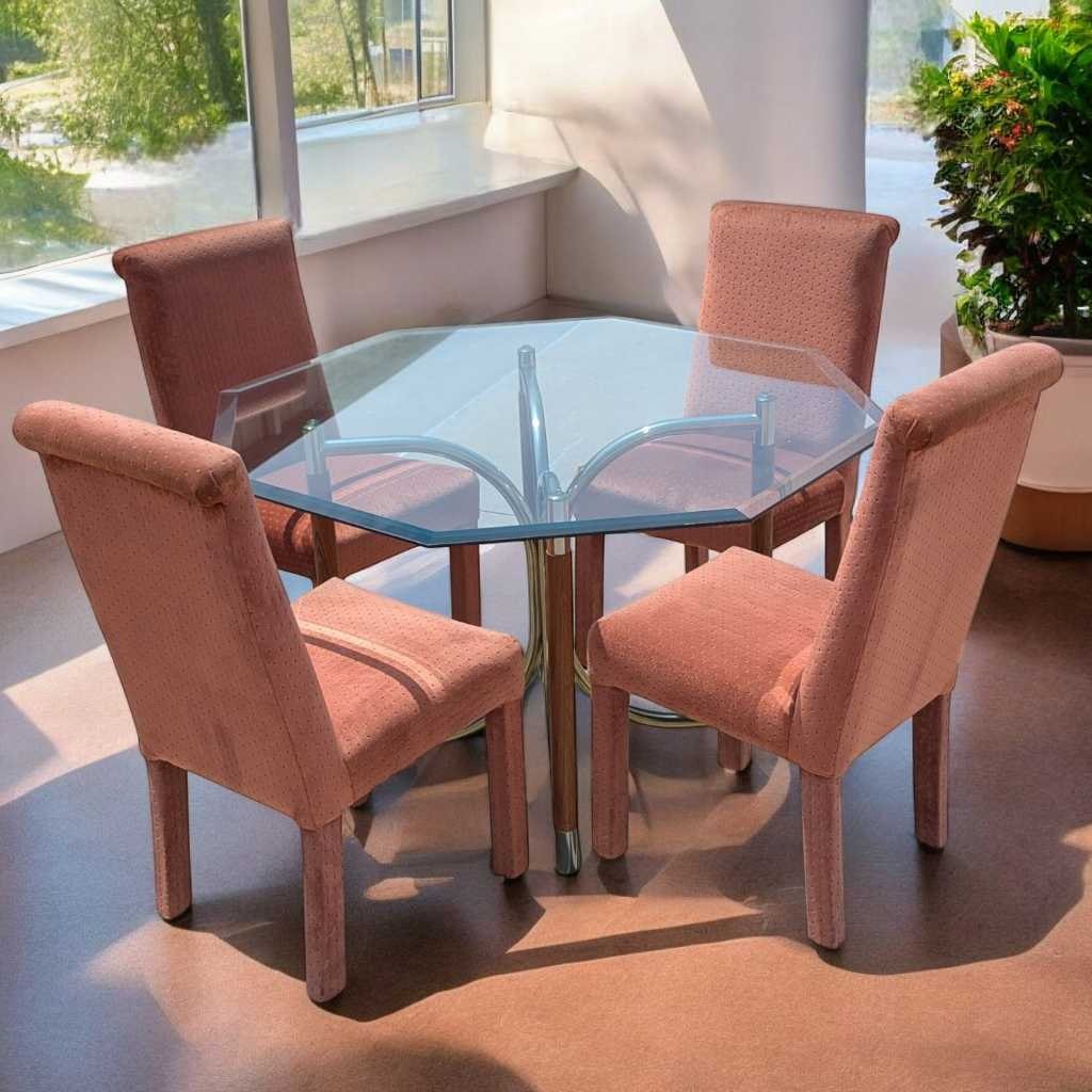 1980s Postmodern Dining Set β Octagonal Glass Table w/ Sculptural Base & 4 Pink Upholstered Chairs, Art Deco Revival Style