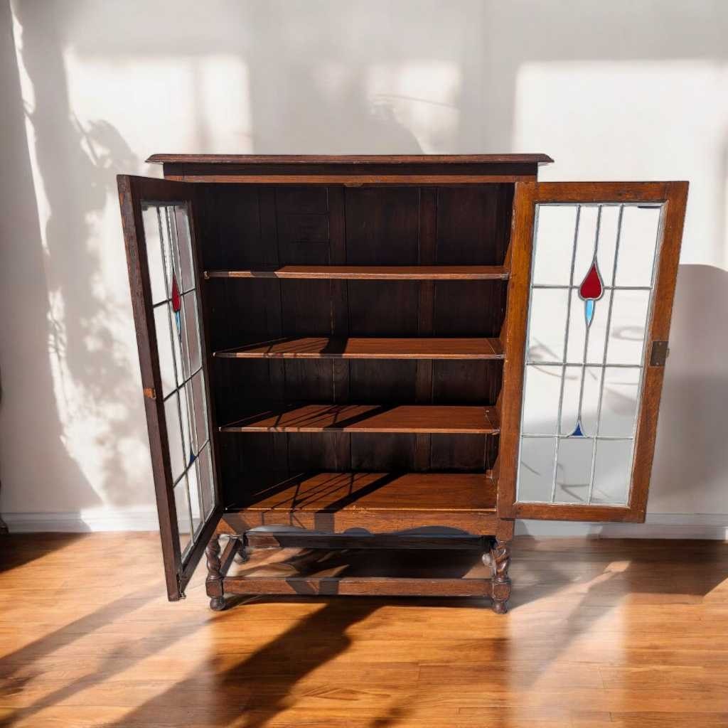 Antique Oak Cabinet with Stained Glass Doors – Leaded Glass Hutch with Shelving & Barley Twist Legs