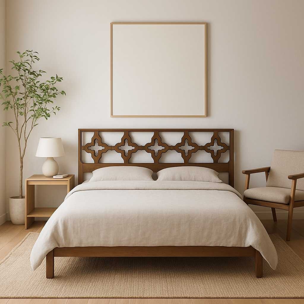 Mid Century Walnut Queen Headboard with Cutout Clover Motif, Vintage Solid Wood Bed