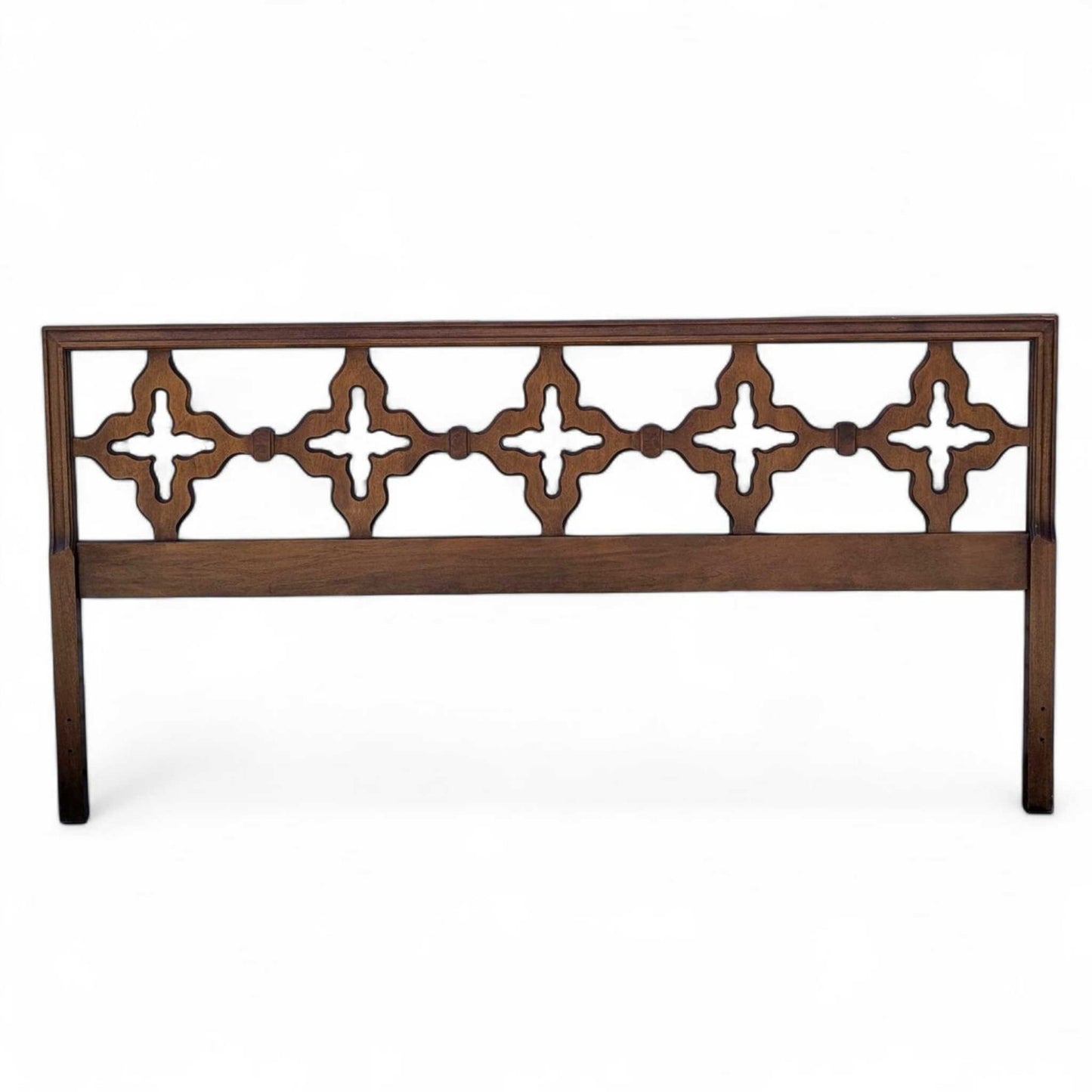 Mid Century Walnut Queen Headboard with Cutout Clover Motif, Vintage Solid Wood Bed