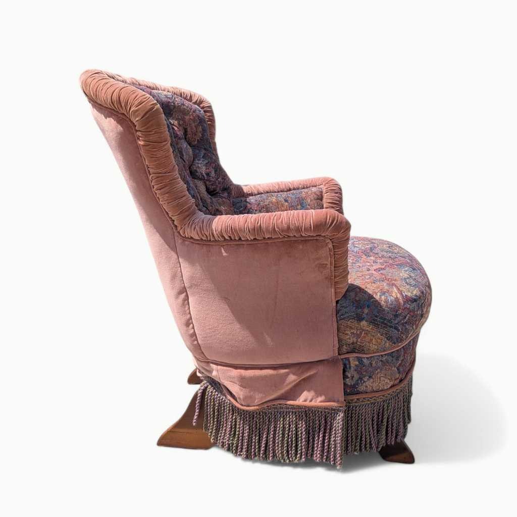 Antique Tufted Rocking Chair – Custom Upholstered Victorian Accent Chair with Fringe Trim & Floral Velvet Fabric