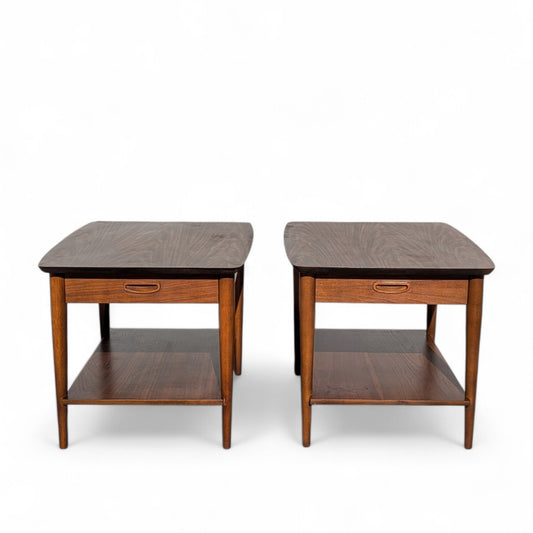 Pair of 1960s Lane Walnut Nightstands with Drawers and Lower Shelves