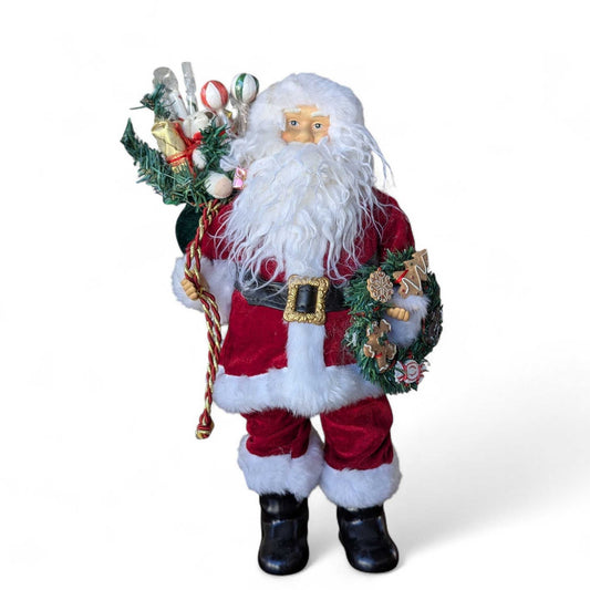 Large Vintage Santa Figurine Holding Wreath & Staff, 18” Christmas Decor, Holiday Display Figure, 1990s Santa