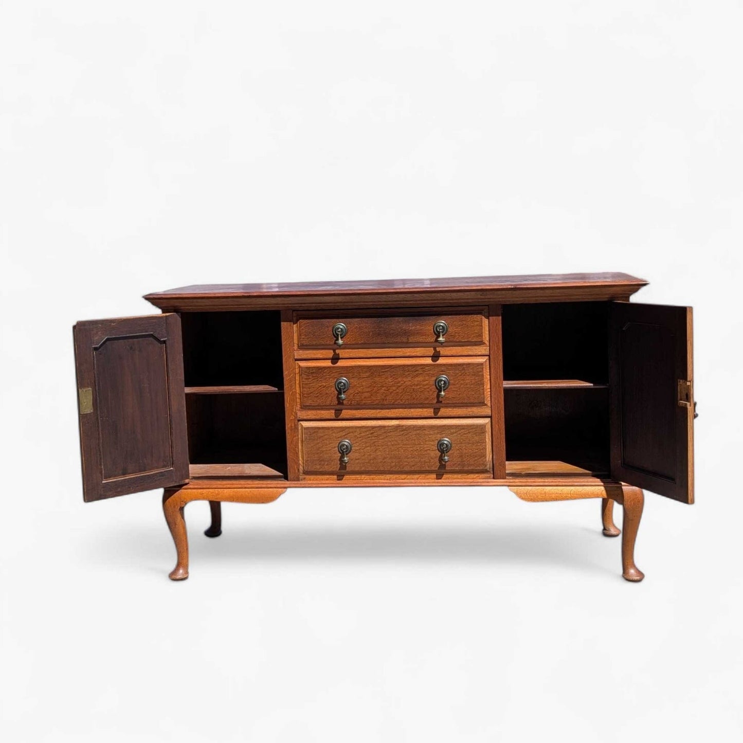 Vintage Oak Sideboard Buffet with Queen Anne Legs, 3 Drawers + Cabinet Storage, Traditional English Style Credenza, 61.75” Wide