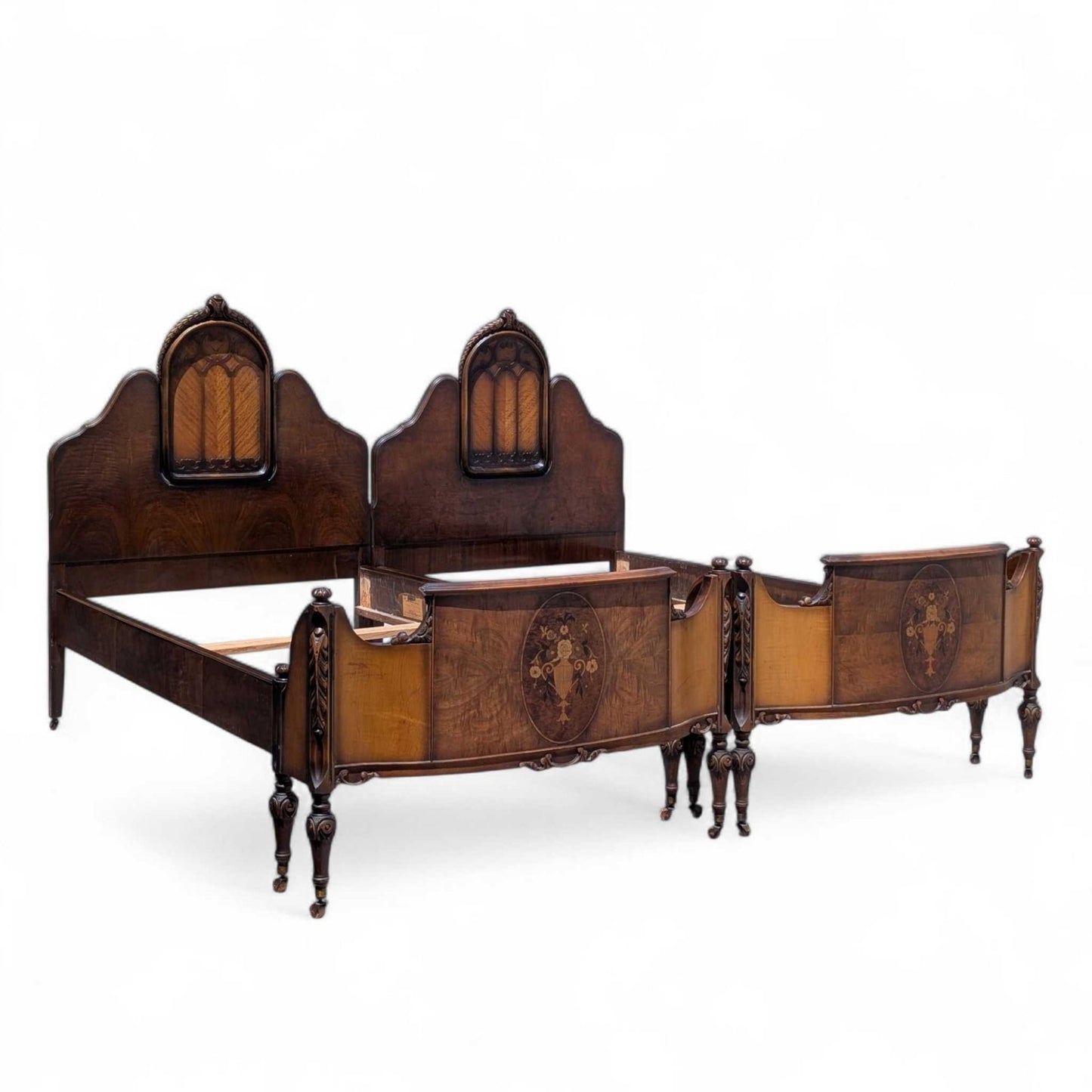 Antique Twin Bed Frame with Inlay | French Style Carved Wood Bed | Twin Size Vintage Bed | Ornate Floral Detail | 1920s Bedroom Decor