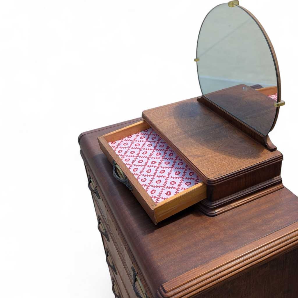 Art Deco Waterfall Chest of Drawers β Vintage 1930s Dresser, Tallboy, Mirror, Solid Wood Storage