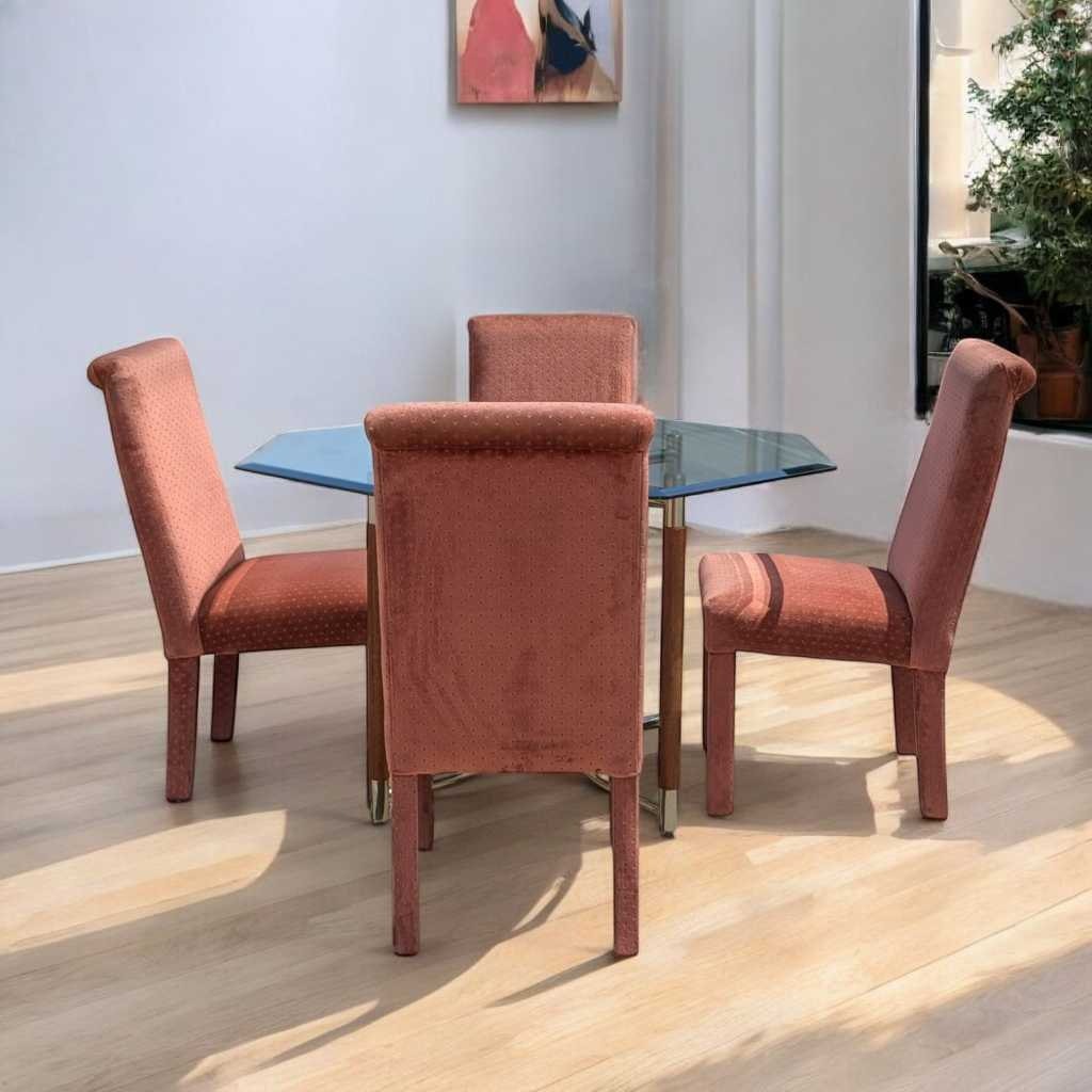 1980s Postmodern Dining Set β Octagonal Glass Table w/ Sculptural Base & 4 Pink Upholstered Chairs, Art Deco Revival Style