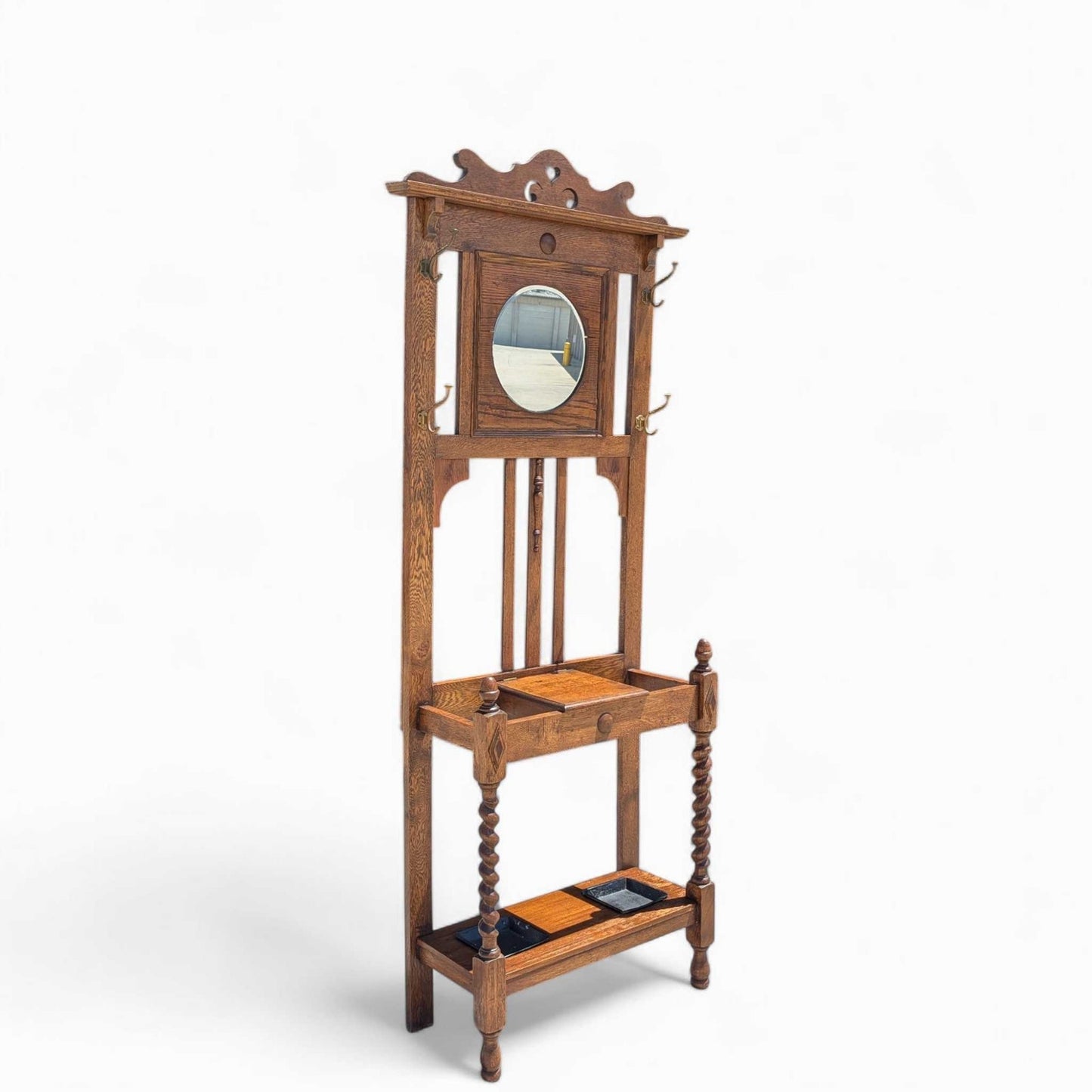 Antique Oak Hall Tree with Mirror, c. 1900s