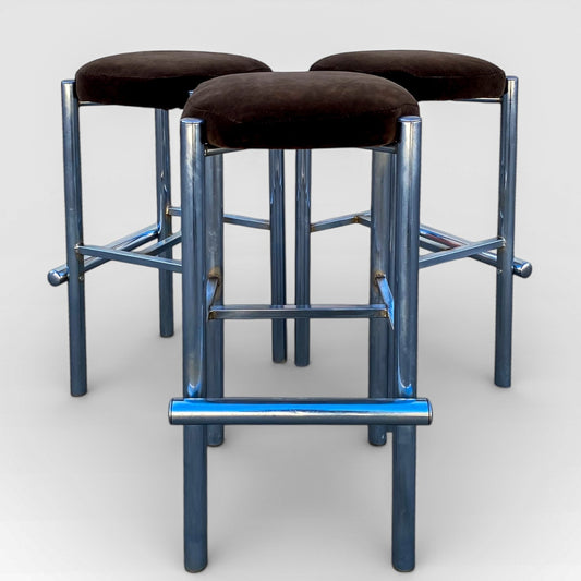 Chrome Bar Stools Set of 3 with Chocolate Velvet Seats