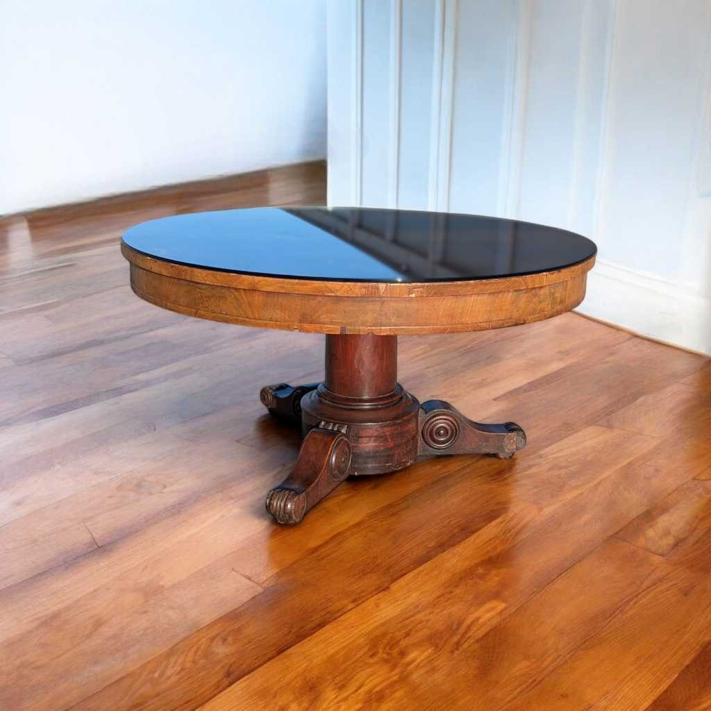 Vintage Coffee Table, Early 19th Century Charles X, Mahogany and Walnut, Round Top, Vintage Coffee Table
