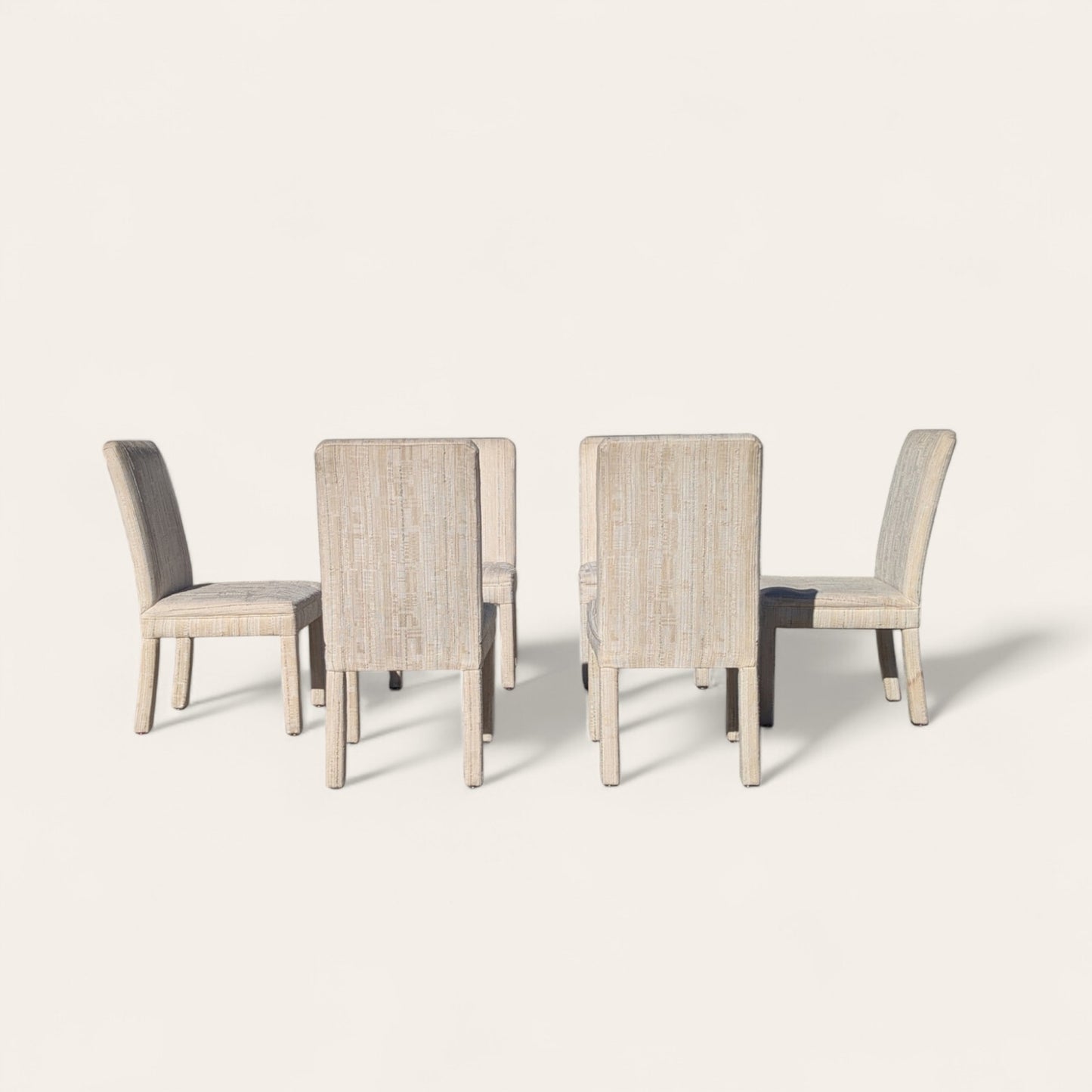 Set of 6 Postmodern 1980s Dining Chairs – Cream Textured Fabric w/ Subtle Color Flecks, Sculptural Silhouette