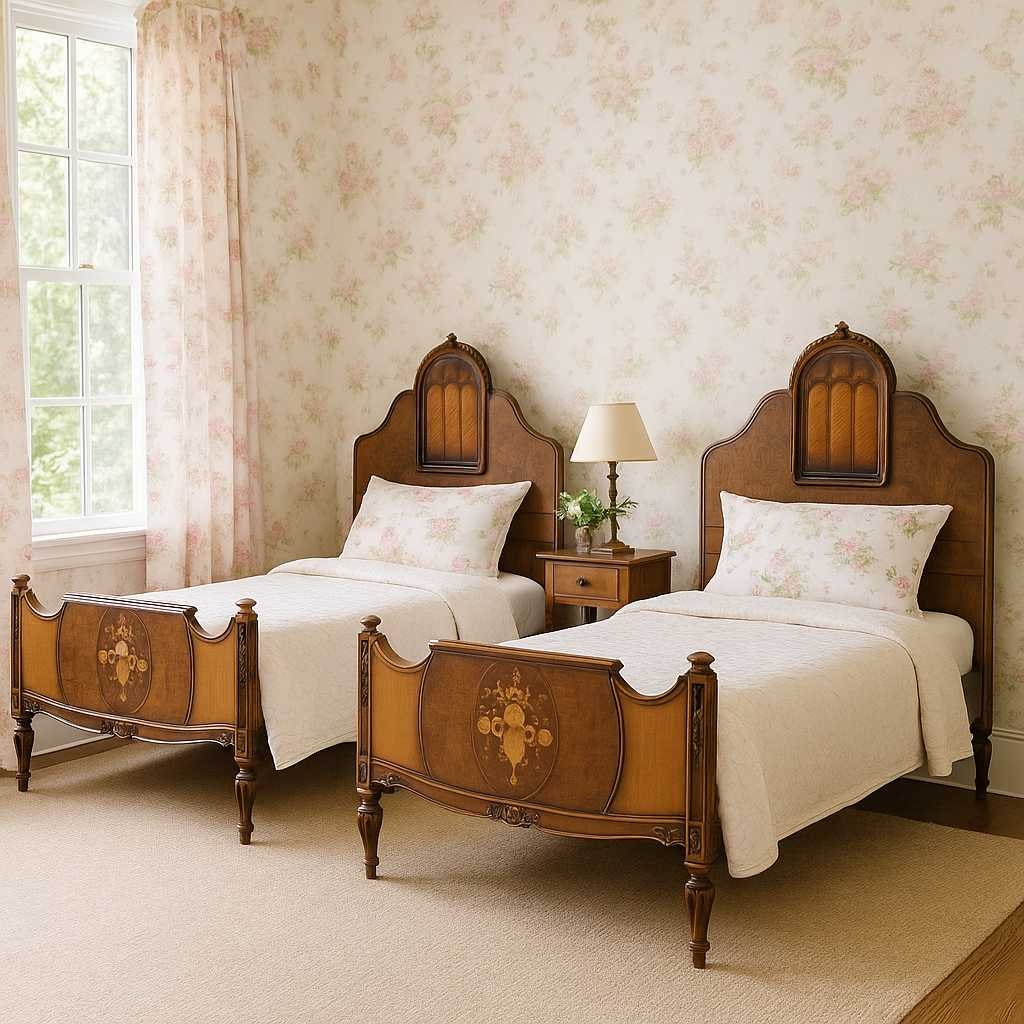 Antique Twin Bed Frame with Inlay | French Style Carved Wood Bed | Twin Size Vintage Bed | Ornate Floral Detail | 1920s Bedroom Decor