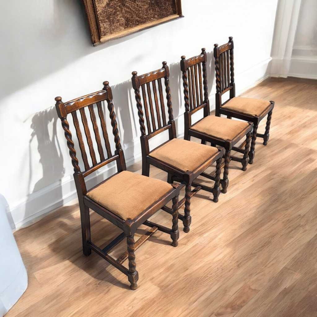 Antique Dining Chairs – Set of 4 Wooden Chairs, Vintage Dining Room Chairs, Classic Design with Barley Twist Legs