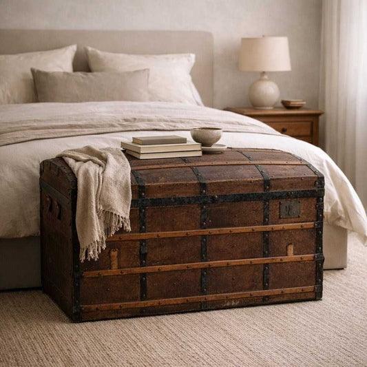 Antique Dome-Top Wooden Trunk with Original Iron Hardware and Patina, Late 19th Century