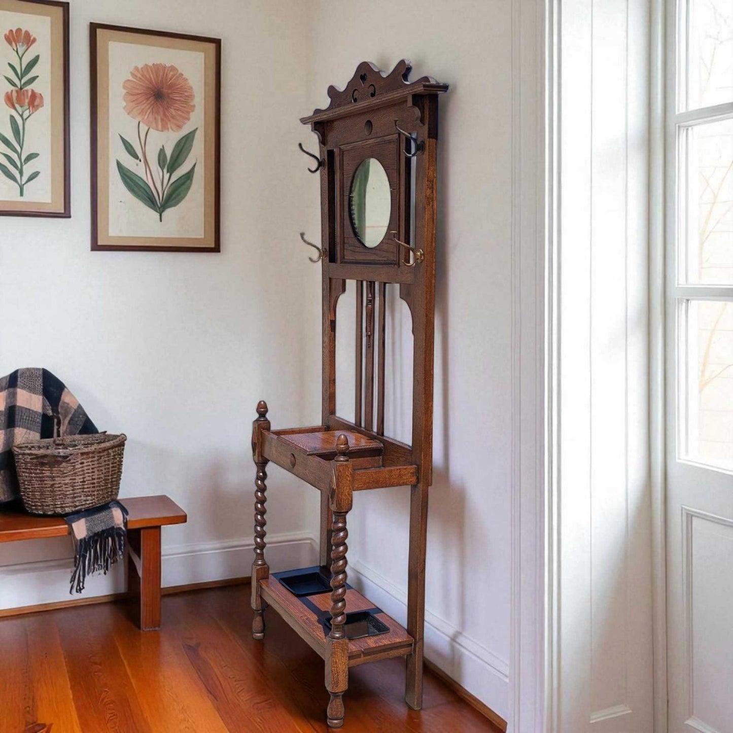 Antique Oak Hall Tree with Mirror, c. 1900s