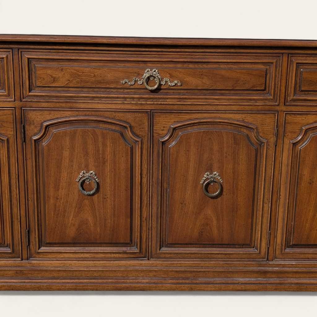 Henredon 1970s Credenza – Traditional Walnut Sideboard with Brass Pulls & Adjustable Shelving, 66” Vintage Cabinet