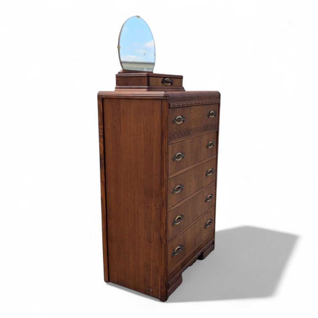 Art Deco Waterfall Chest of Drawers β Vintage 1930s Dresser, Tallboy, Mirror, Solid Wood Storage