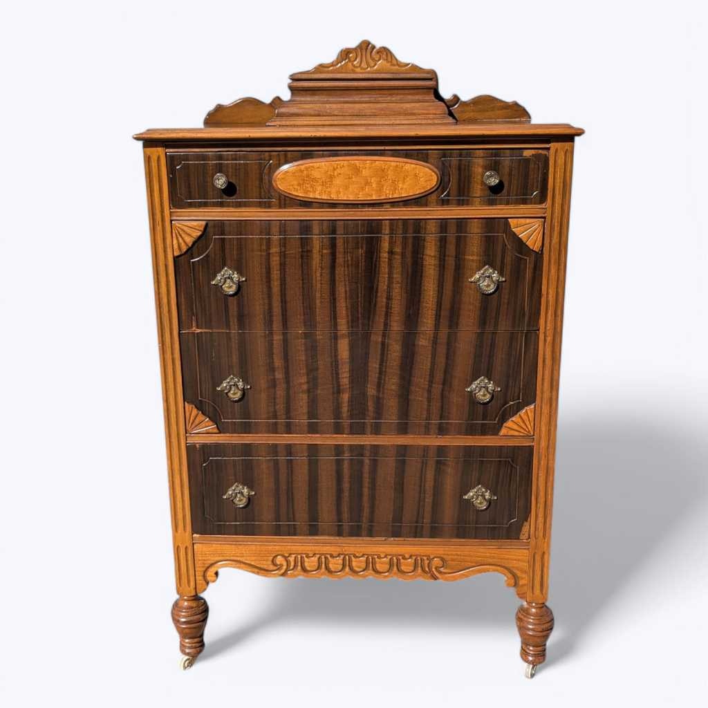 Antique Art Deco Highboy Dresser – Burled Wood and Mahogany Chest with Brass Hardware, 1930s Vintage