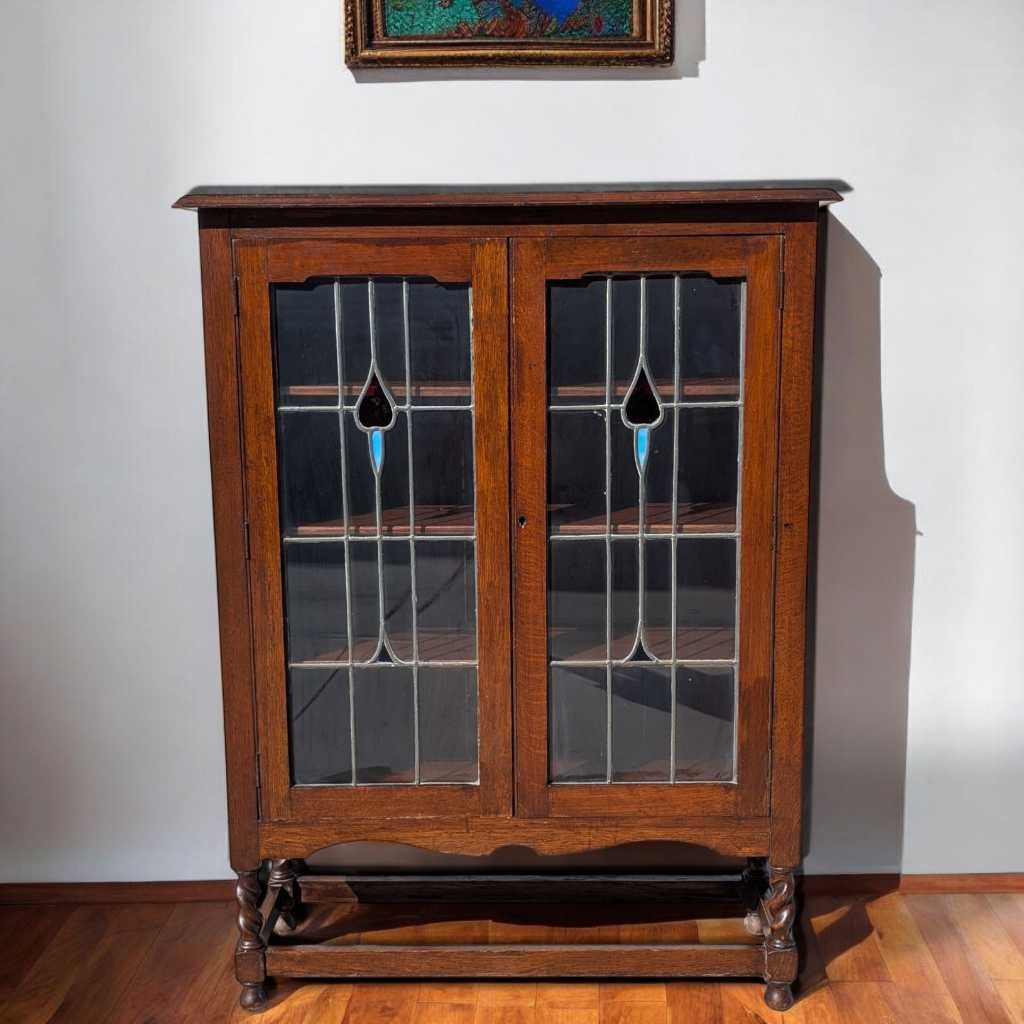 Antique Oak Cabinet with Stained Glass Doors – Leaded Glass Hutch with Shelving & Barley Twist Legs