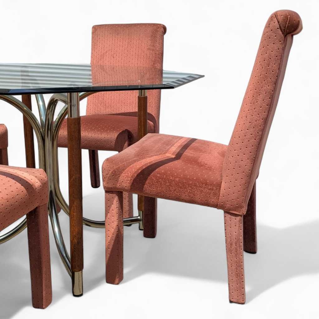 1980s Postmodern Dining Set β Octagonal Glass Table w/ Sculptural Base & 4 Pink Upholstered Chairs, Art Deco Revival Style
