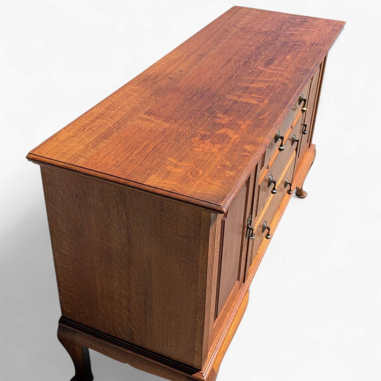 Vintage Oak Sideboard Buffet with Queen Anne Legs, 3 Drawers + Cabinet Storage, Traditional English Style Credenza, 61.75” Wide