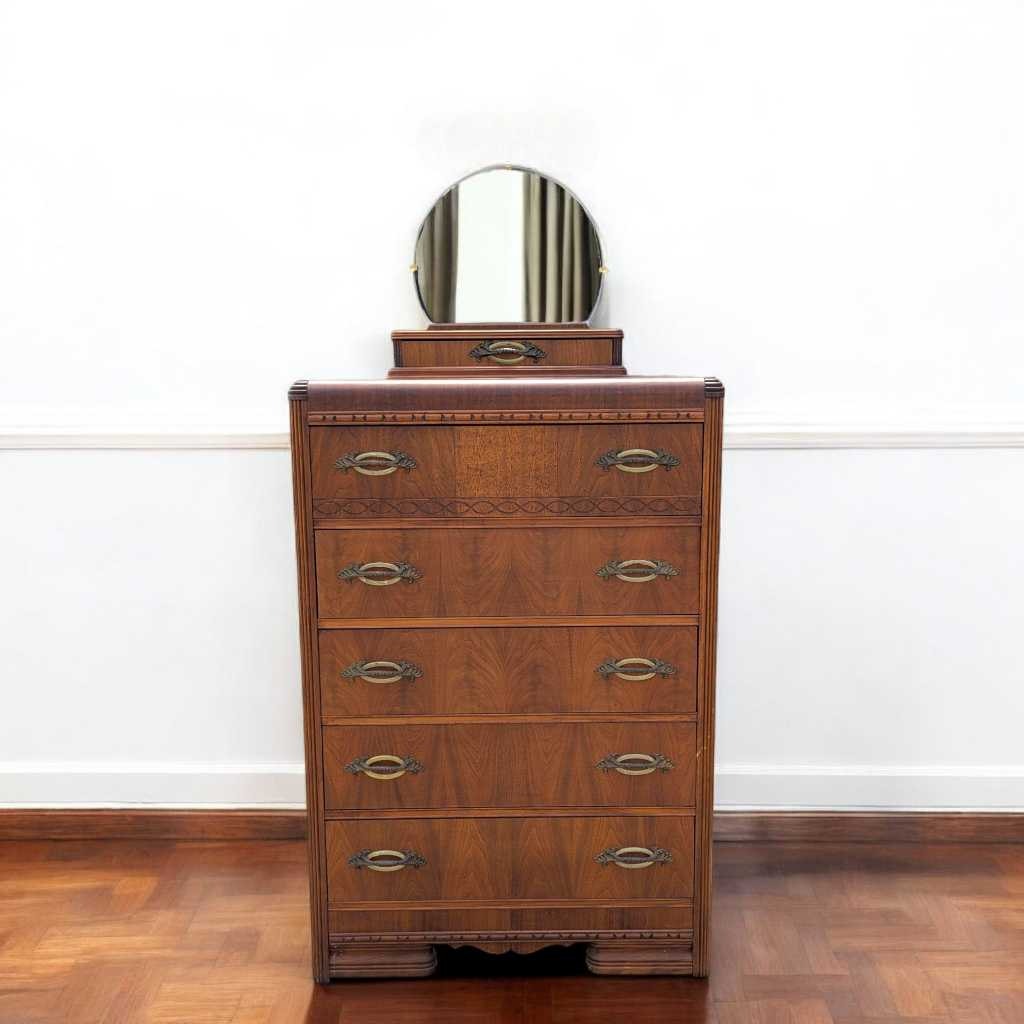 Art Deco Waterfall Chest of Drawers β Vintage 1930s Dresser, Tallboy, Mirror, Solid Wood Storage