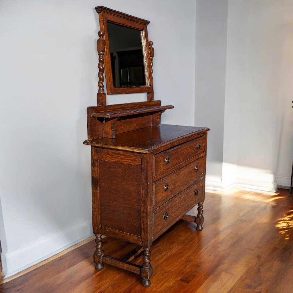 Antique Tiger Oak Dresser with Mirror – Barley Twist Detail, Vintage Vanity with Drawers, Early 1900s