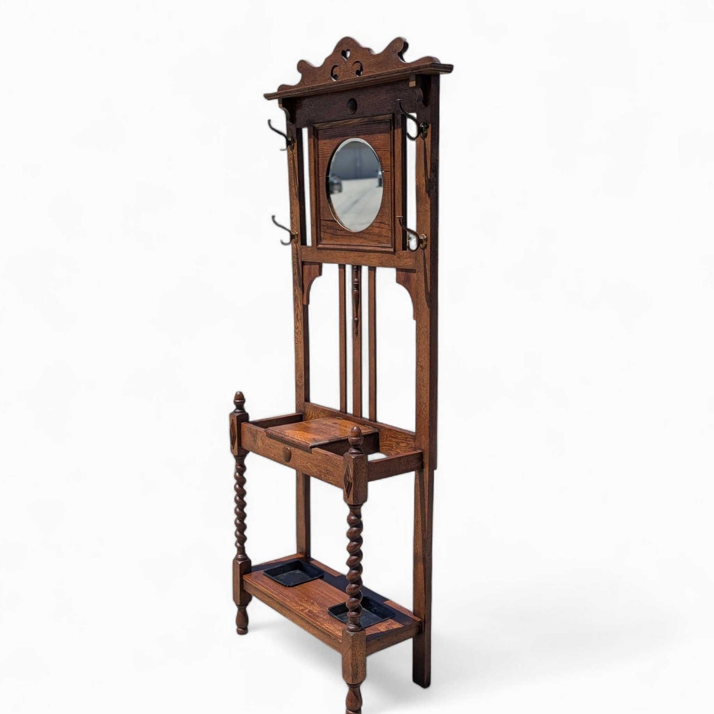 Antique Oak Hall Tree with Mirror, c. 1900s