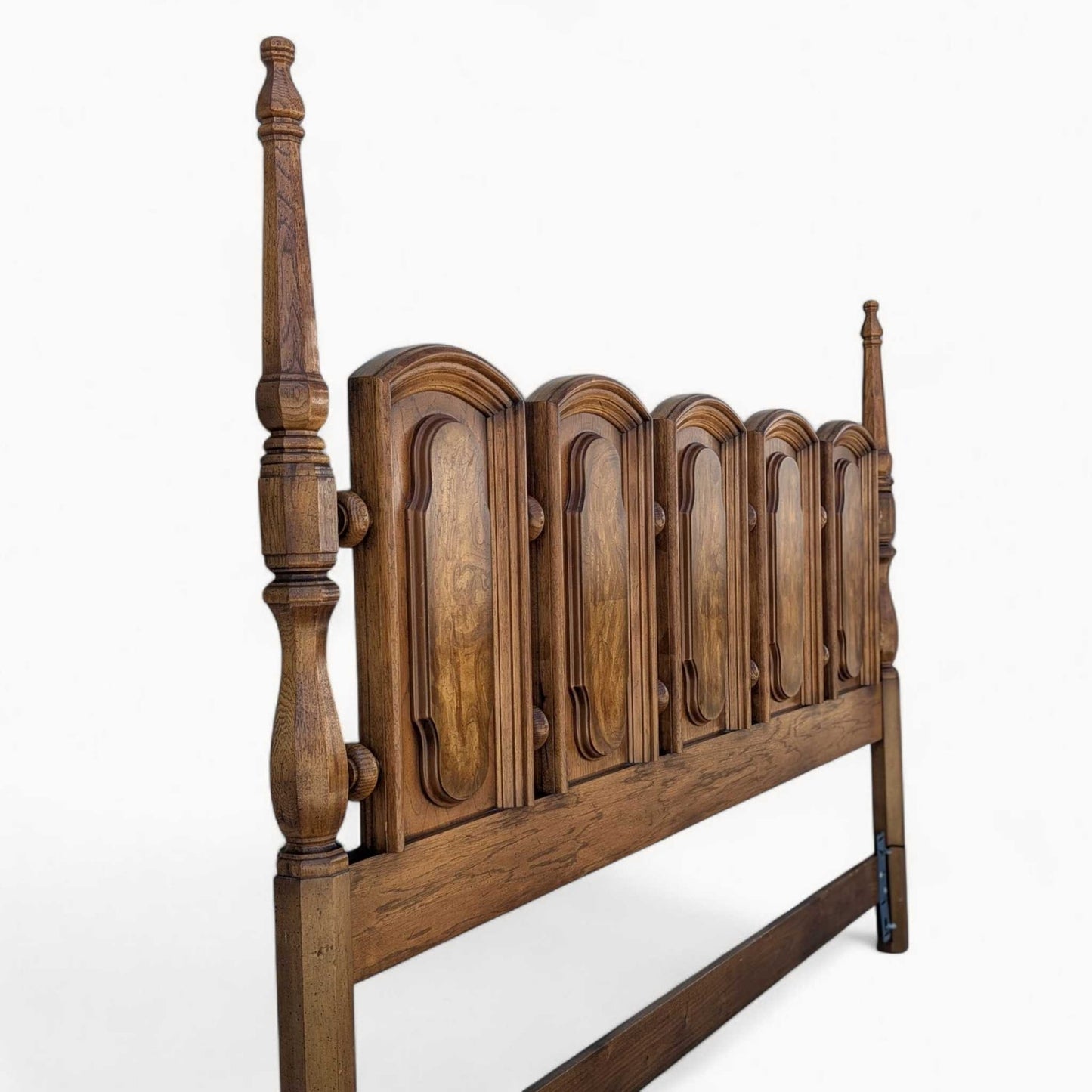 Vintage Oak King Headboard – Carved Panel Design with Turned Spindles