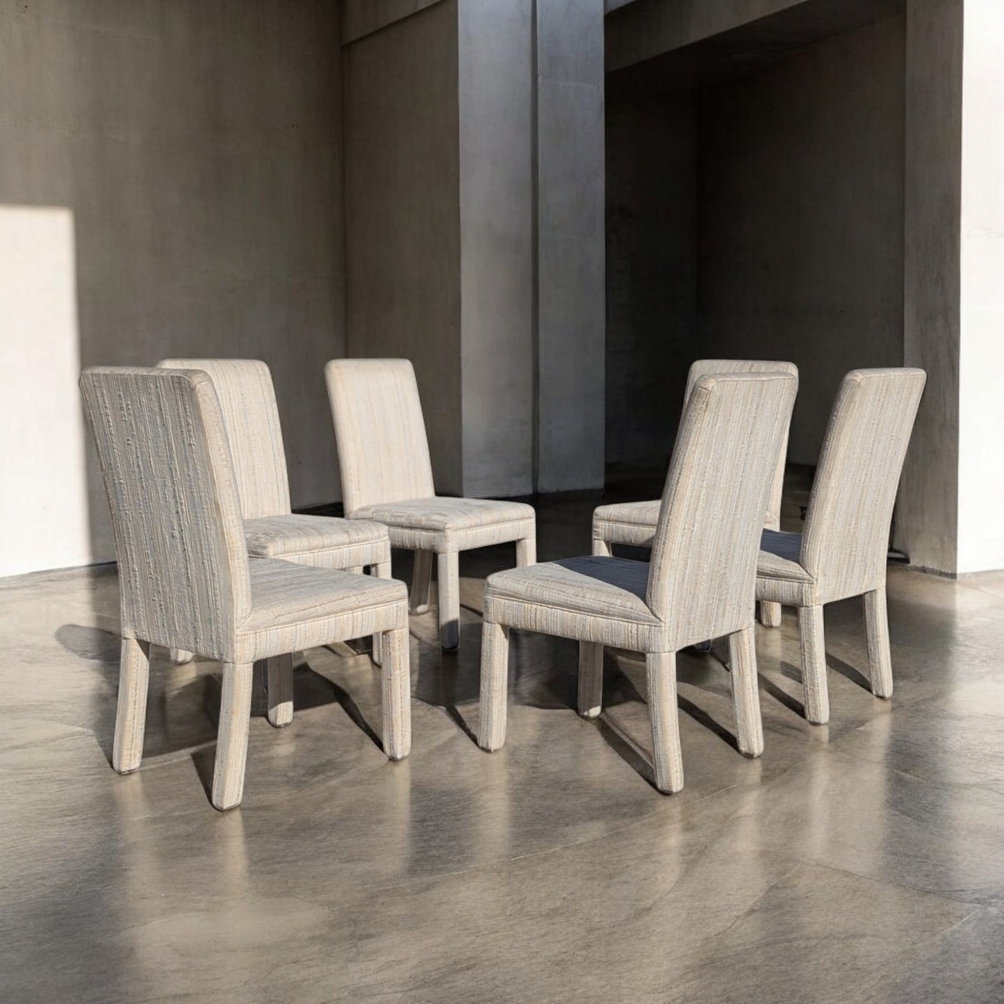Set of 6 Postmodern 1980s Dining Chairs – Cream Textured Fabric w/ Subtle Color Flecks, Sculptural Silhouette