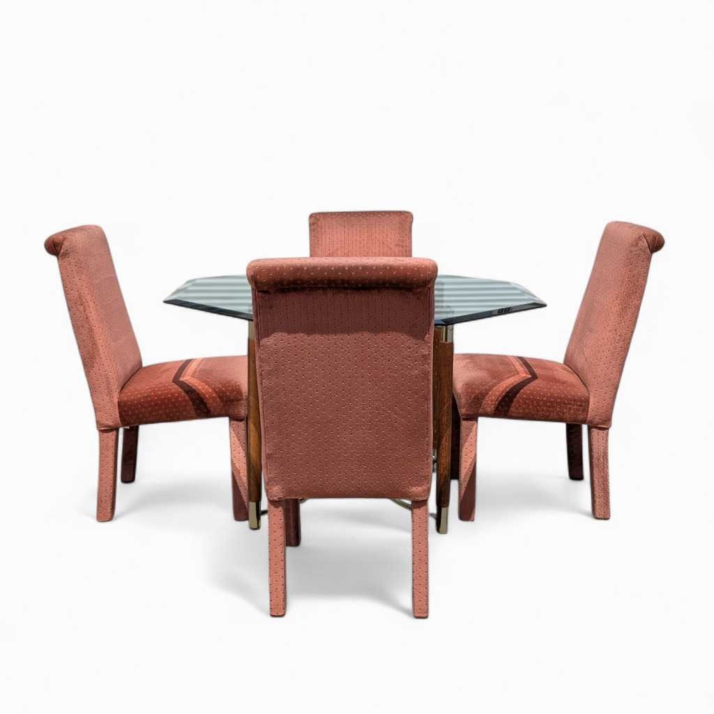1980s Postmodern Dining Set β Octagonal Glass Table w/ Sculptural Base & 4 Pink Upholstered Chairs, Art Deco Revival Style