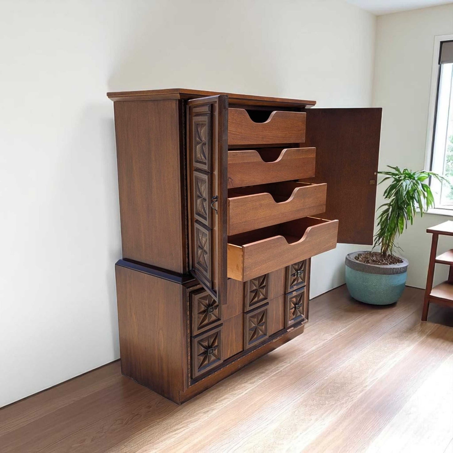 Vintage Brutalist Tallboy Dresser Cabinet c. 1970s