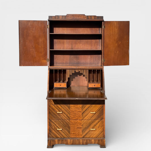 Art Deco Secretary Desk with Drop-Front Writing Surface and Chevron Veneer, 1930s