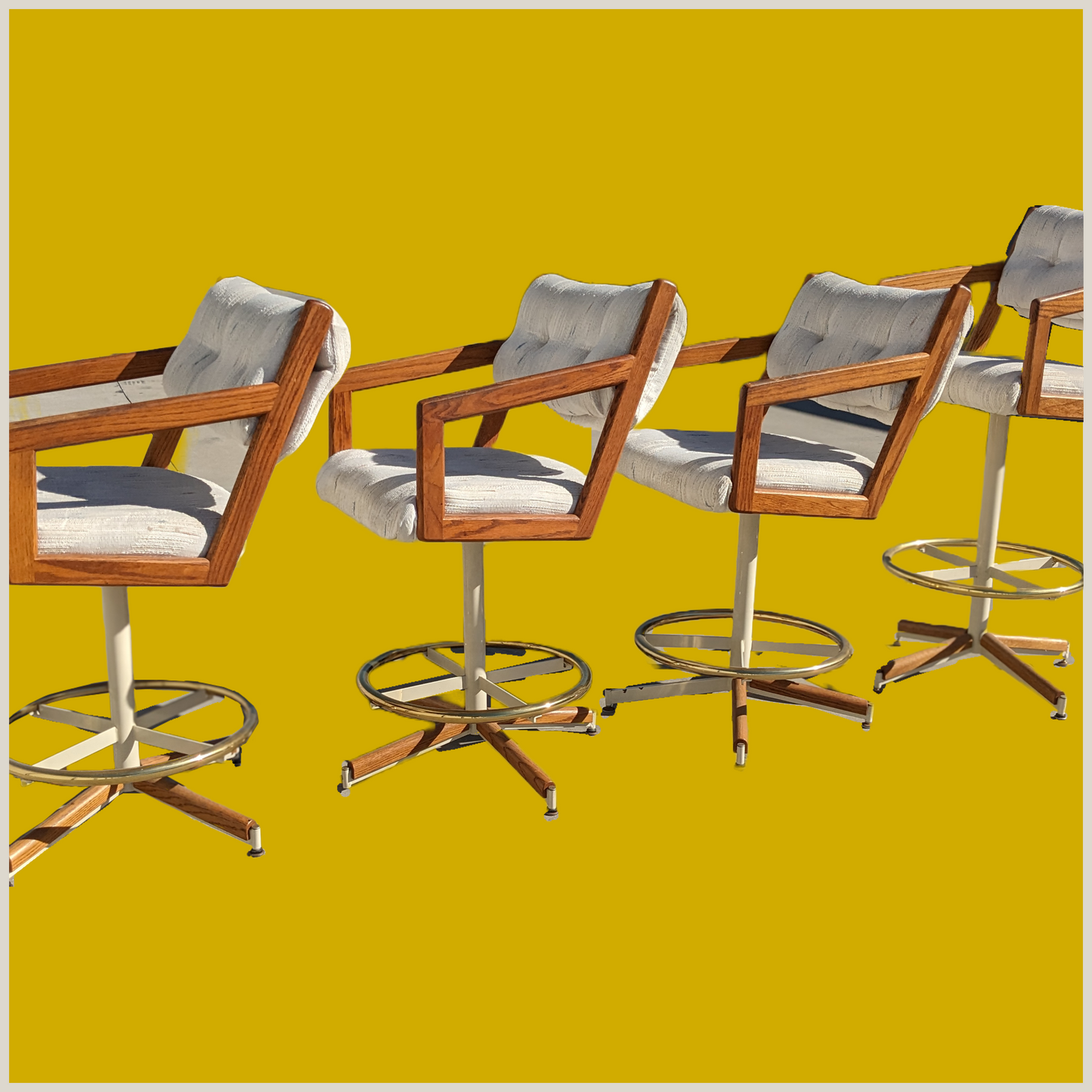 Vintage Barstools, Oak, Postmodern, Geometric, Chunky, Swivel, Brass, Counter Stools