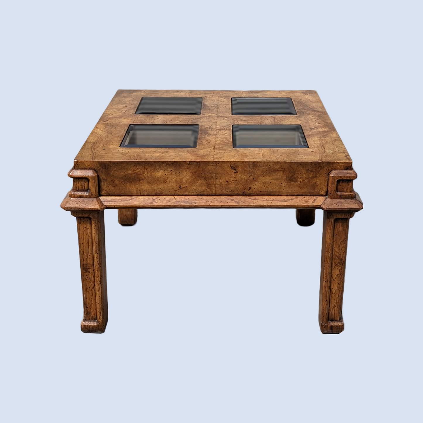 Vintage Burl Wood Side Table, Smoked Glass, Coffee Table, Accent Table, Mid Century, Drexel